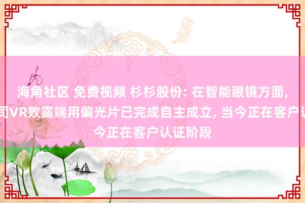 海角社区 免费视频 杉杉股份: 在智能眼镜方面， 当今公司VR败露端用偏光片已完成自主成立， 当今正在客户认证阶段